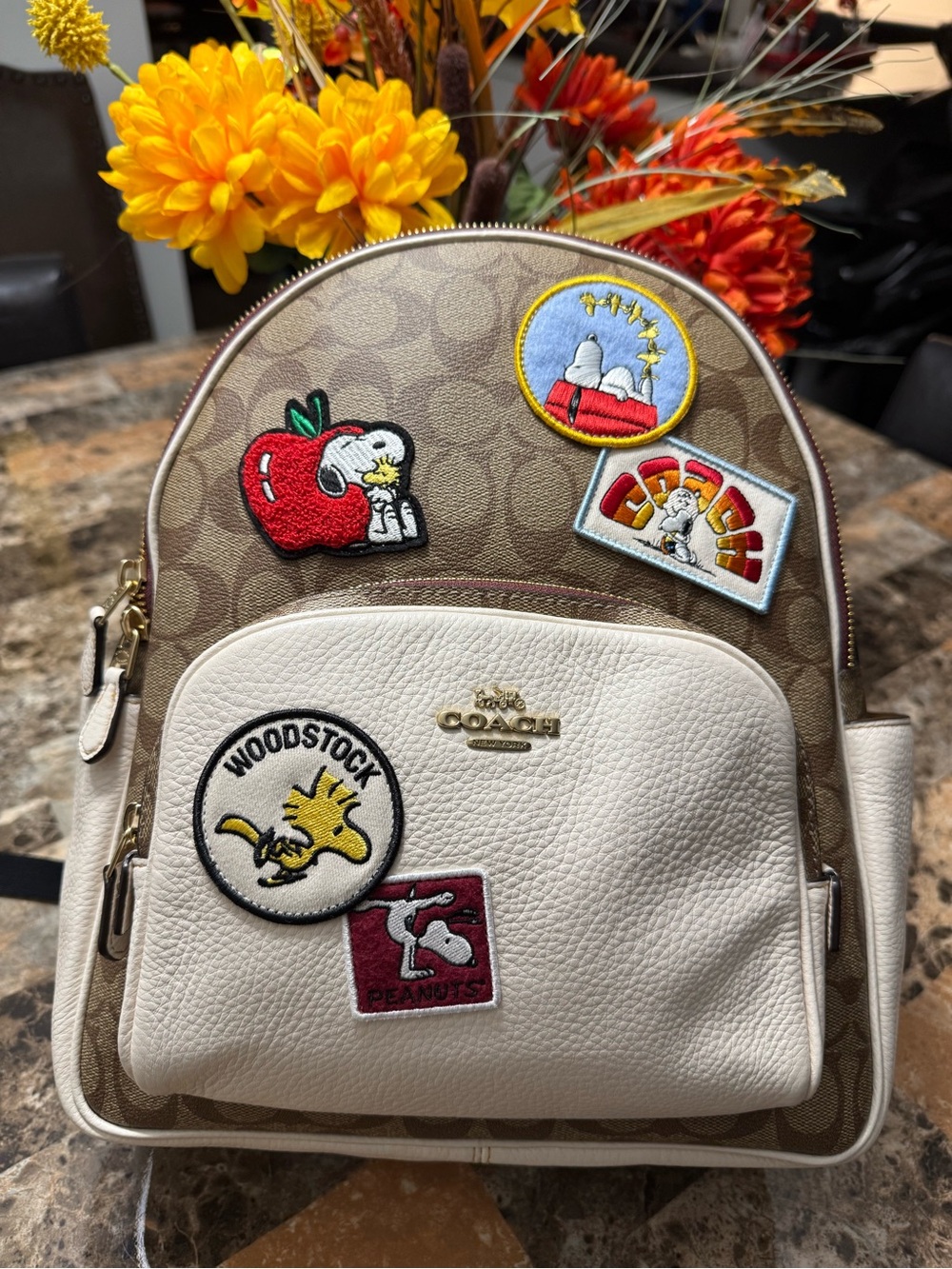 Coach Brown Logo Canvas & White Leather Snoopy Woodstock Patch Backpack